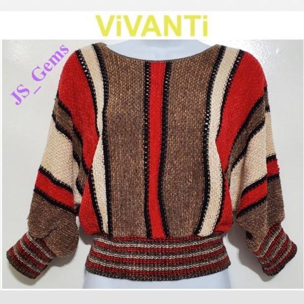 Vintage 80s Vivanti Sweater Womens Small Knit Striped Batwing Red Brown Cream VT